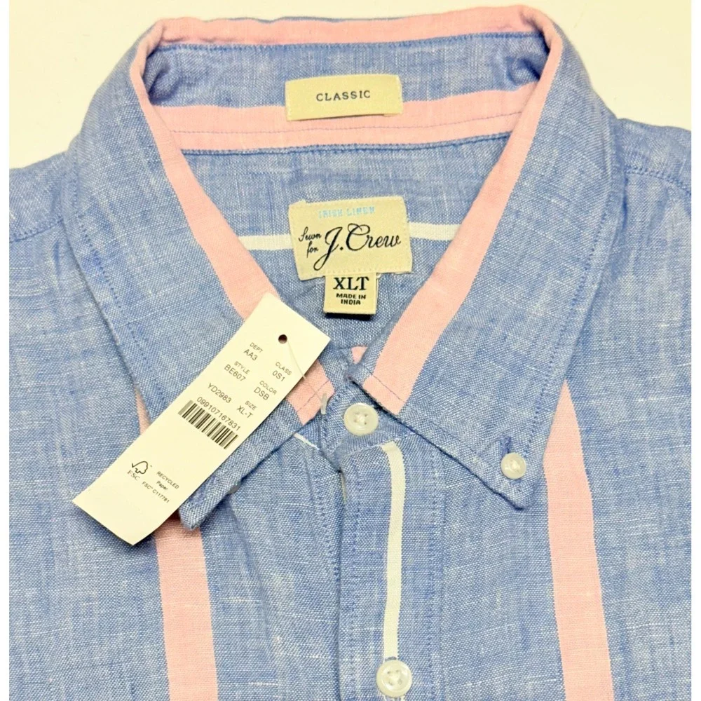 J.Crew Baird McNutt Irish Linen Shirt Mens XLT Blue Pink Stripe Short Sleeve NEW